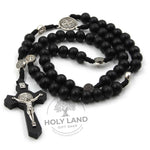 Holy Land Handmade Black Wood Rosary on Cord Front View
