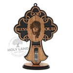 Pedestal Olive Wood Cross with Holy Water - Holy Land Gift Shop