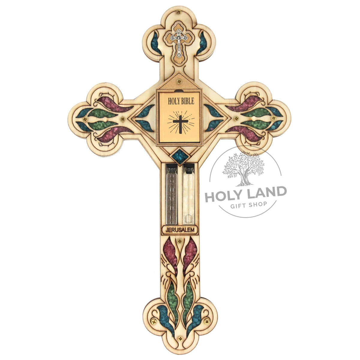 Bless Our Home Floral Design Cherry Wood Cross