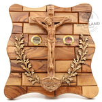 Holy Land Jerusalem Hand Carved Crucifix Plaque in Olive Wood Front View
