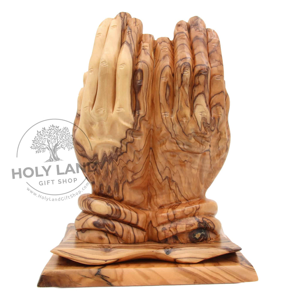 Hands Holding the Ten Commandments in Carved Bethlehem Olive Wood Back View