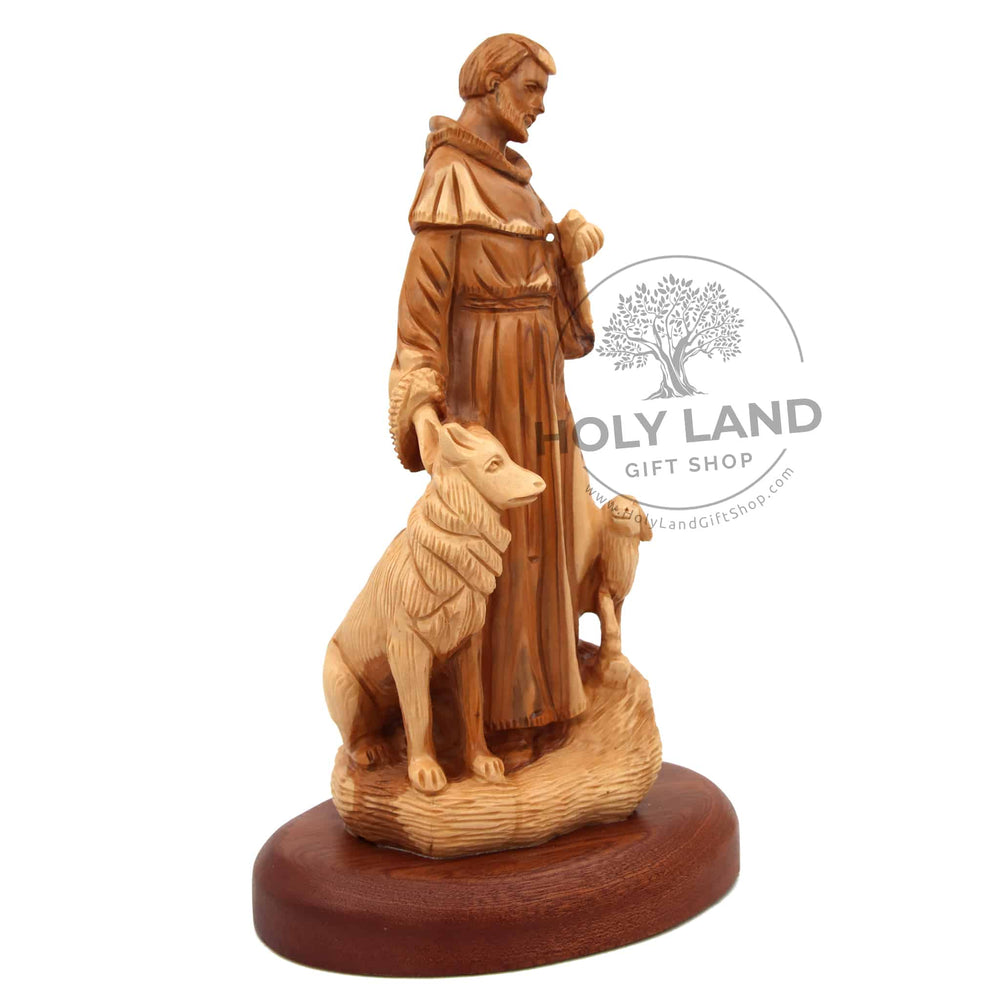 
                  
                    Load image into Gallery viewer, Holy Land Jerusalem Olive Wood Hand Carved St. Francis Statue Side View
                  
                