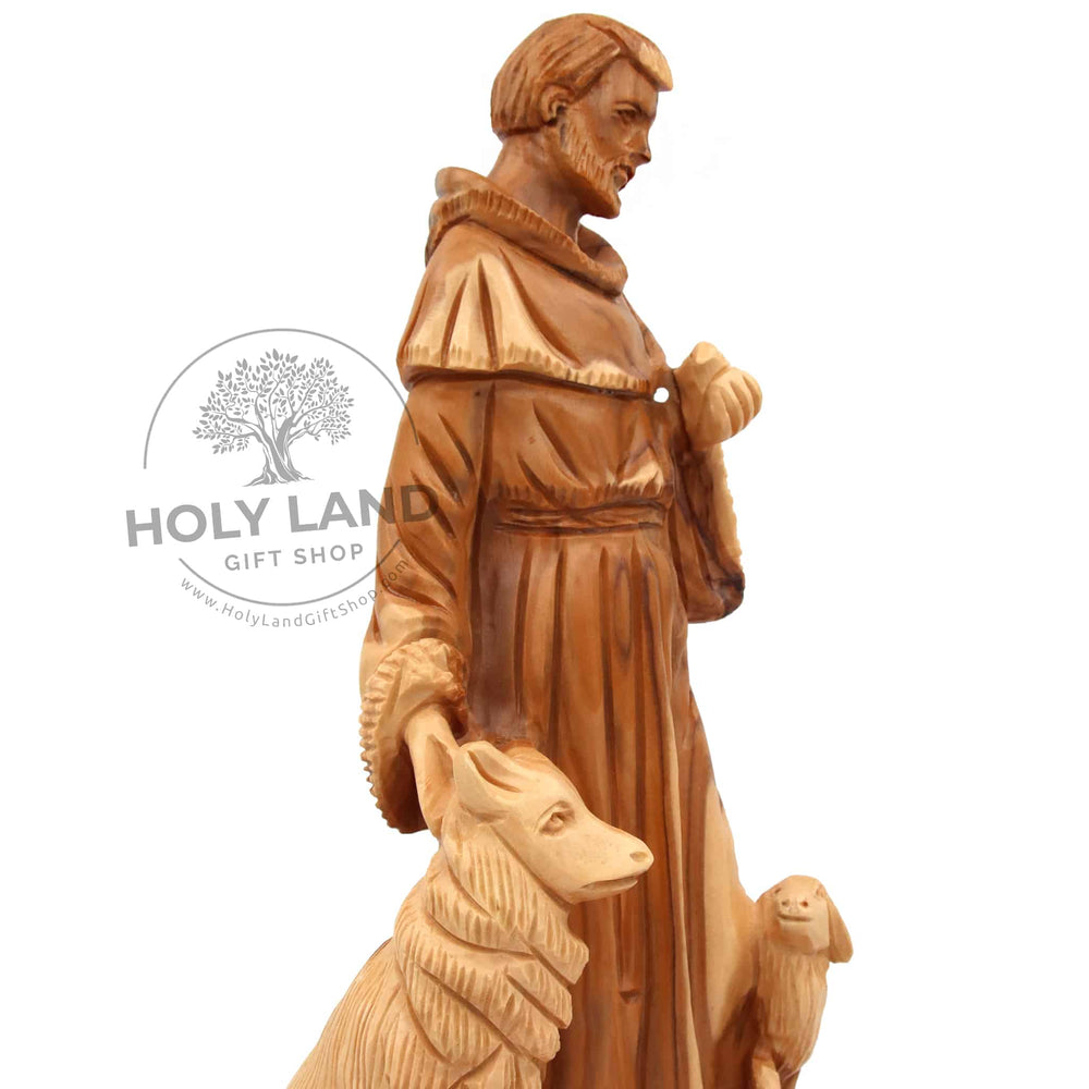 
                  
                    Load image into Gallery viewer, Holy Land Jerusalem Olive Wood Hand Carved St. Francis Statue Close Up View
                  
                