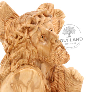
                  
                    Load image into Gallery viewer, Bethlehem Olive Wood Statue of Jesus with Cross from the Holy Land Close-Up View
                  
                