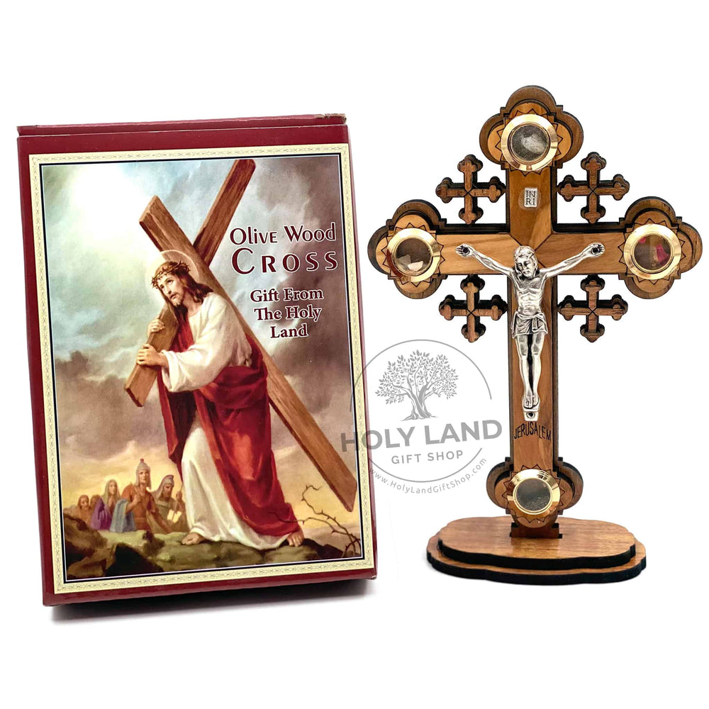 Bethlehem Olive Wood Orthodox Cross on Stand with Holy Elements from the Holy Land with pack