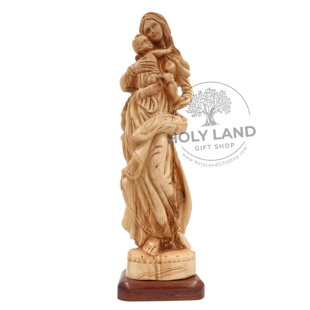 Bethlehem Olive Wood Virgin Mary Holding Baby Jesus Statue from the Holy Land Front View