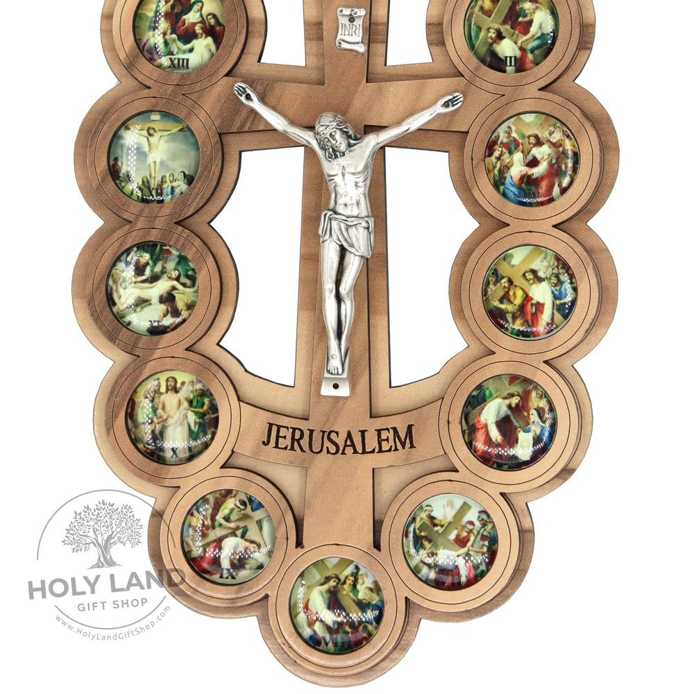 
                  
                    Load image into Gallery viewer, Oval Olive Wood Crucifix Plaque with 14 Stations of the Cross Close-up View
                  
                