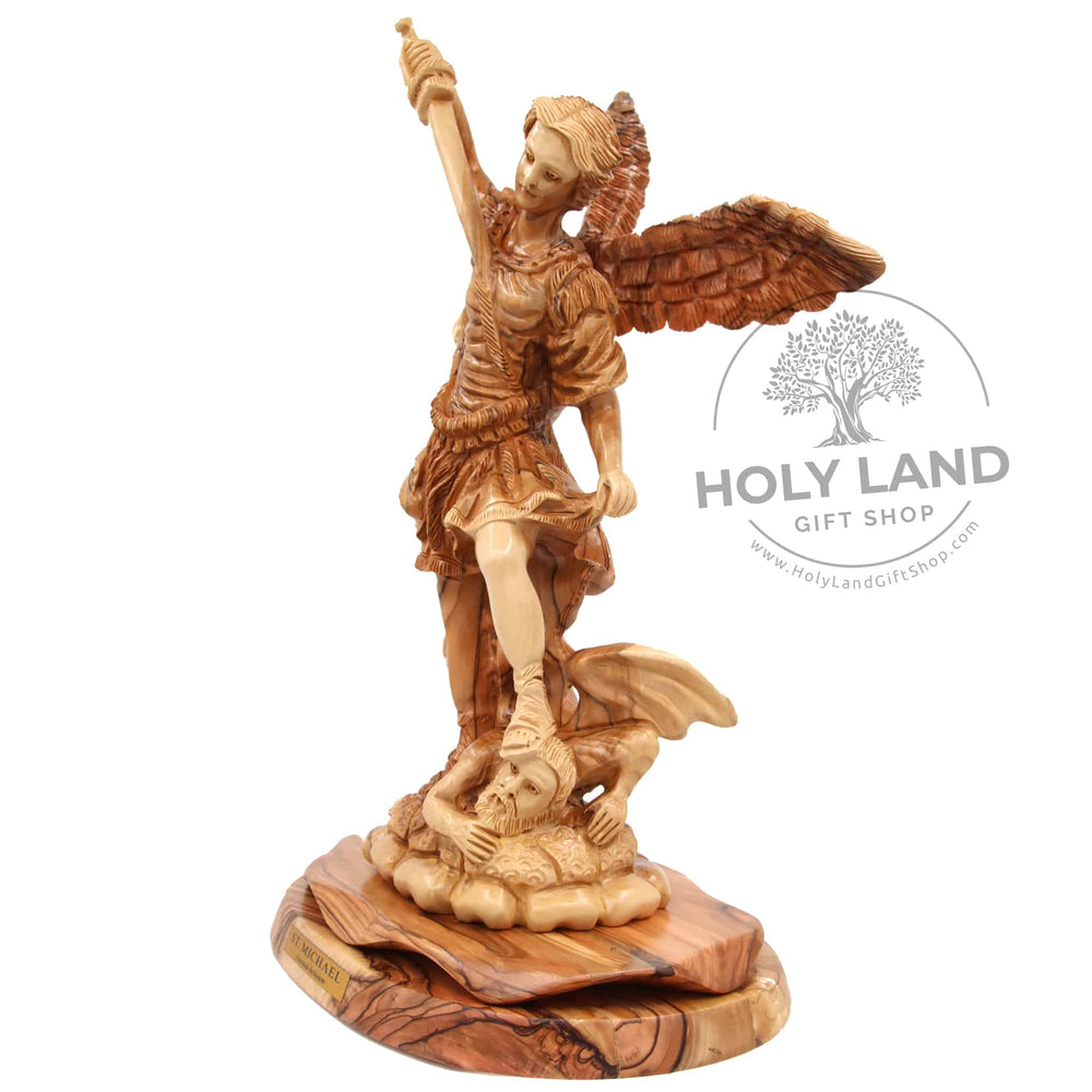 Saint Michael the Archangel in Holy Land Olive Wood Pedestal Carving Left Side View