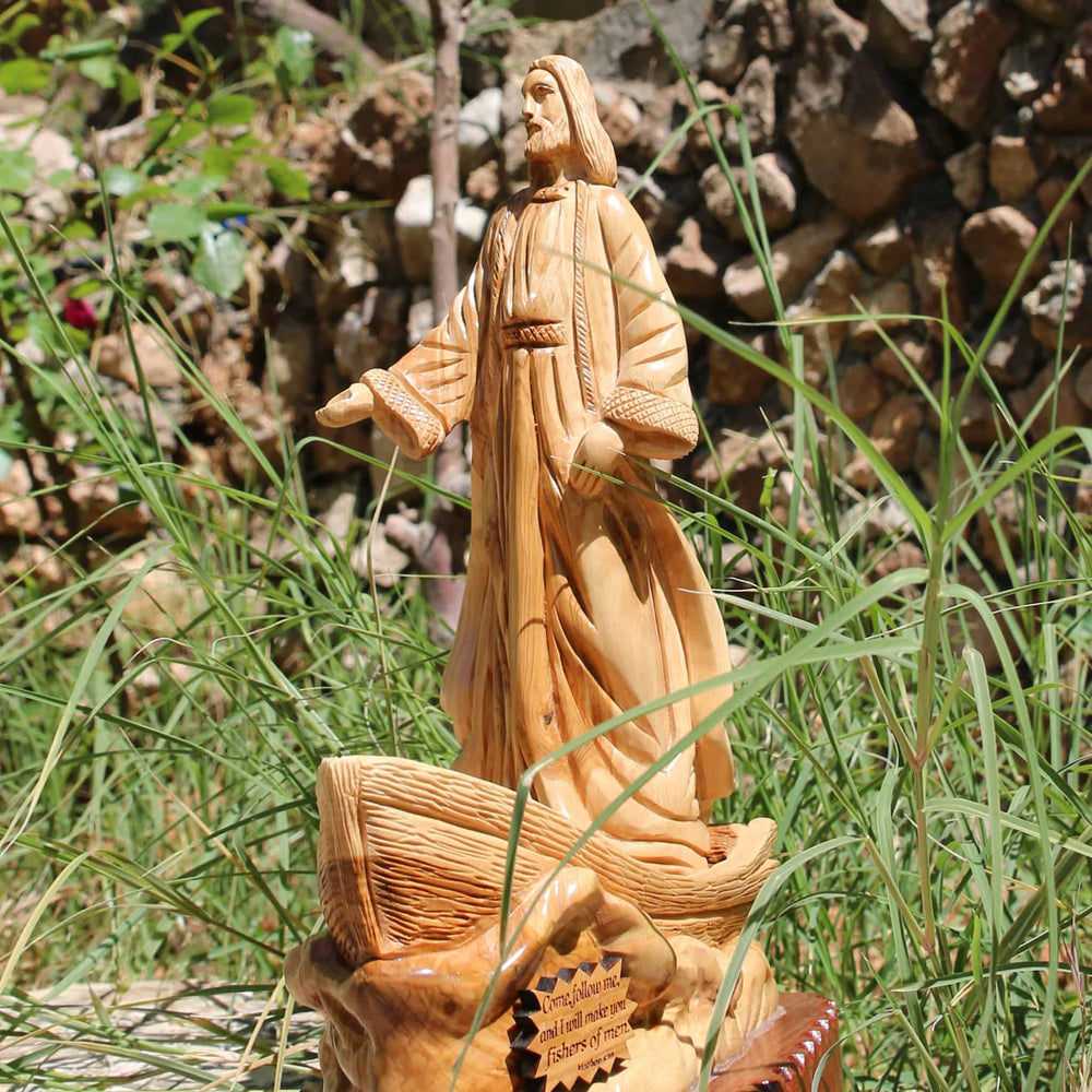 Fisherman Boat Hand Carved Olive Wood Statue Holy Land Gift Shop