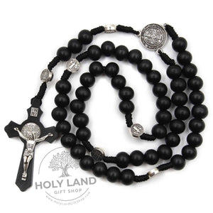 
                  
                    Load image into Gallery viewer, Holy Land Handmade Black Wood Rosary on Cord Top View
                  
                