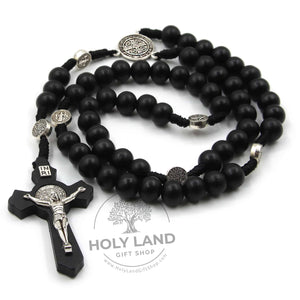 
                  
                    Load image into Gallery viewer, Holy Land Handmade Black Wood Rosary on Cord Front View
                  
                