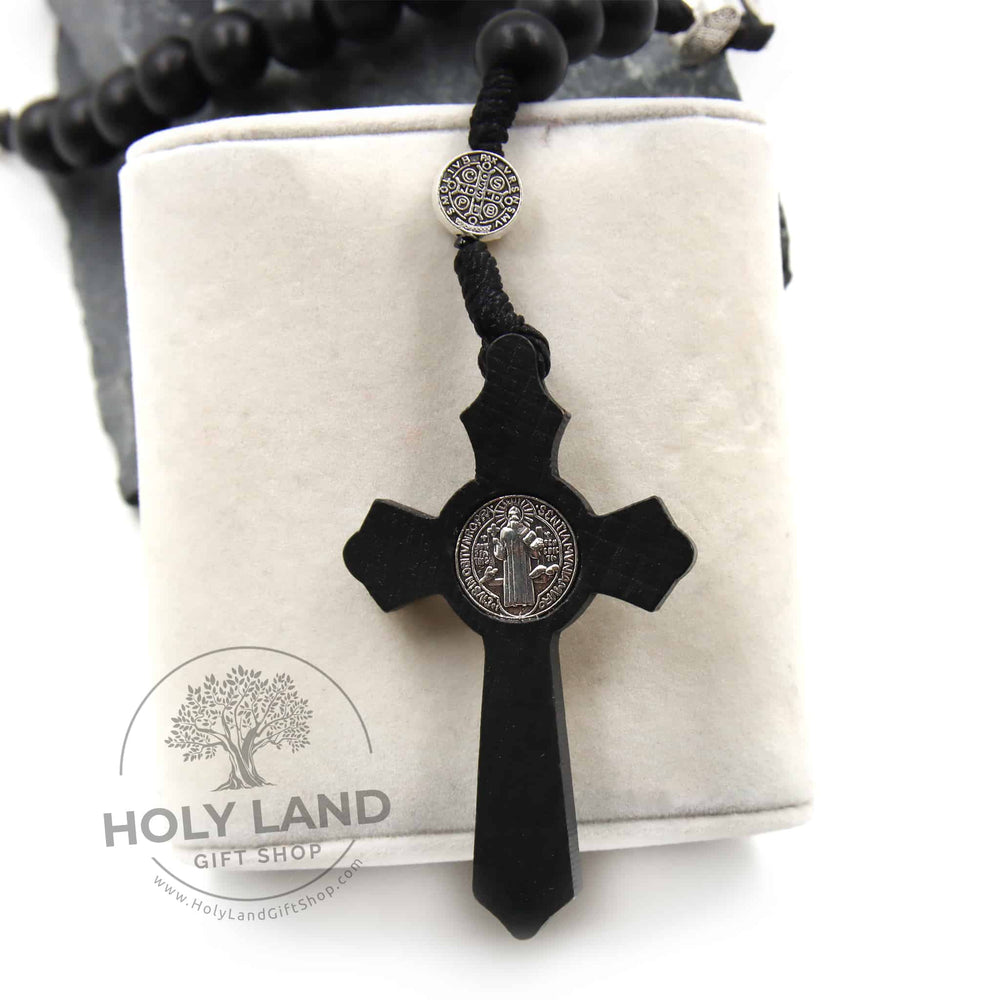 
                  
                    Load image into Gallery viewer, Holy Land Handmade Black Wood Rosary on Cord Cross View
                  
                