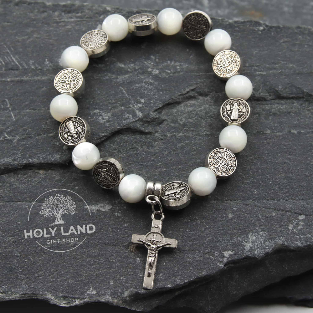 Handmade Red Sea Mother of Pearl Cross Bracelet from the Holy Land Top View