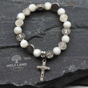 
                  
                    Load image into Gallery viewer, Handmade Red Sea Mother of Pearl Cross Bracelet from the Holy Land Top View
                  
                