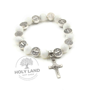 
                  
                    Load image into Gallery viewer, Handmade Red Sea Mother of Pearl Cross Bracelet from the Holy Land Front View
                  
                
