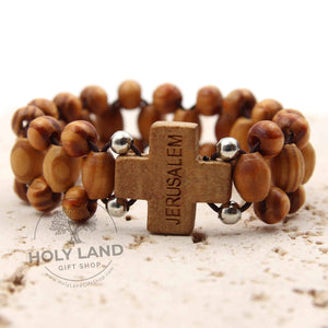 
                  
                    Load image into Gallery viewer, Wide Olive Wood Jerusalem Cross Bracelet from the Holy Land
                  
                