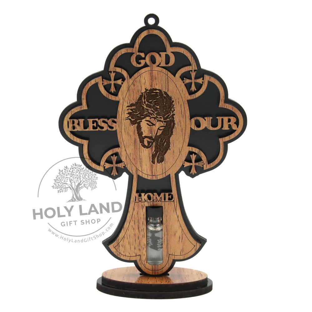 Pedestal Olive Wood Cross with Holy Water - Holy Land Gift Shop