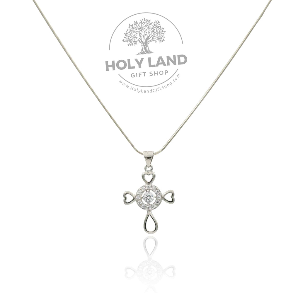 50 CM Silver Heart Necklace with Gemstone Cross from the Holy Land