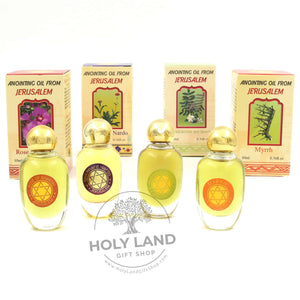 
                  
                    Load image into Gallery viewer, Anointing Oils Set of Rose, Nard, Myrrh and Jasmine from the Holy Land Front Full Set
                  
                