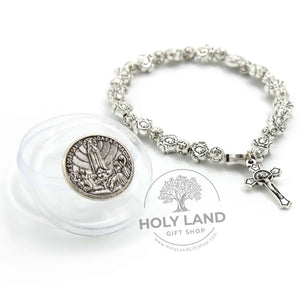 
                  
                    Load image into Gallery viewer, Handmade Biblical Symbol Rosary Charm Bracelet with Box from the Holy Land Left View
                  
                