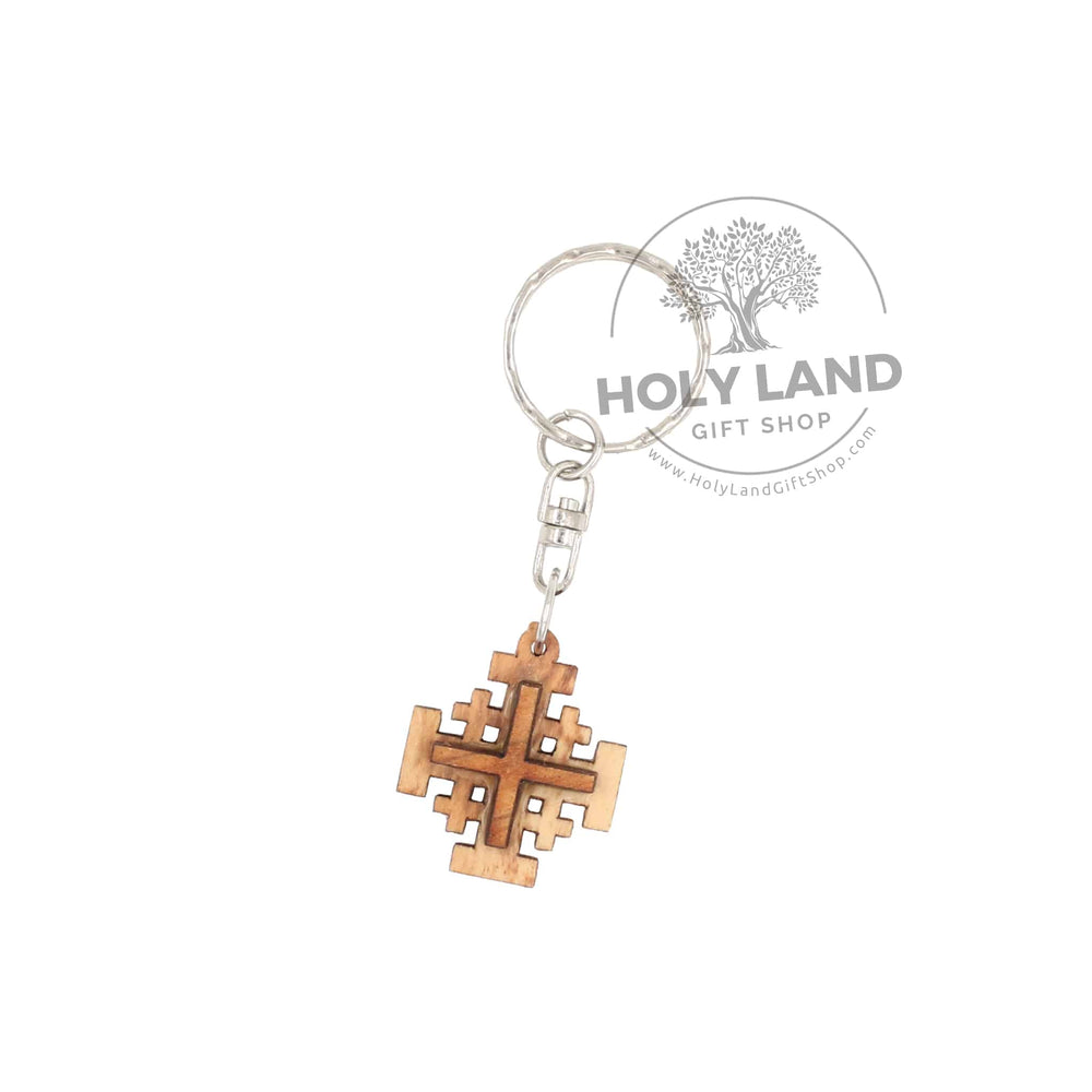 Carved Jerusalem Cross Key Chain in Bethlehem Olive Wood
