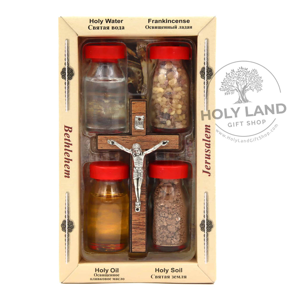 Carved Bethlehem Olive Wood Crucifix with Holy Elements Holy Land Gift Shop