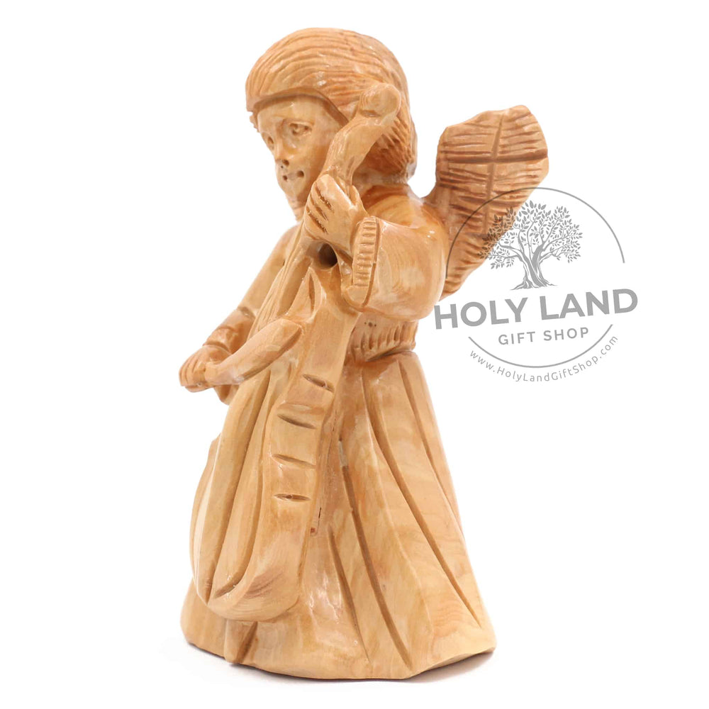 
                  
                    Load image into Gallery viewer, Cello Angel Carved in Bethlehem Olive Wood Side View
                  
                