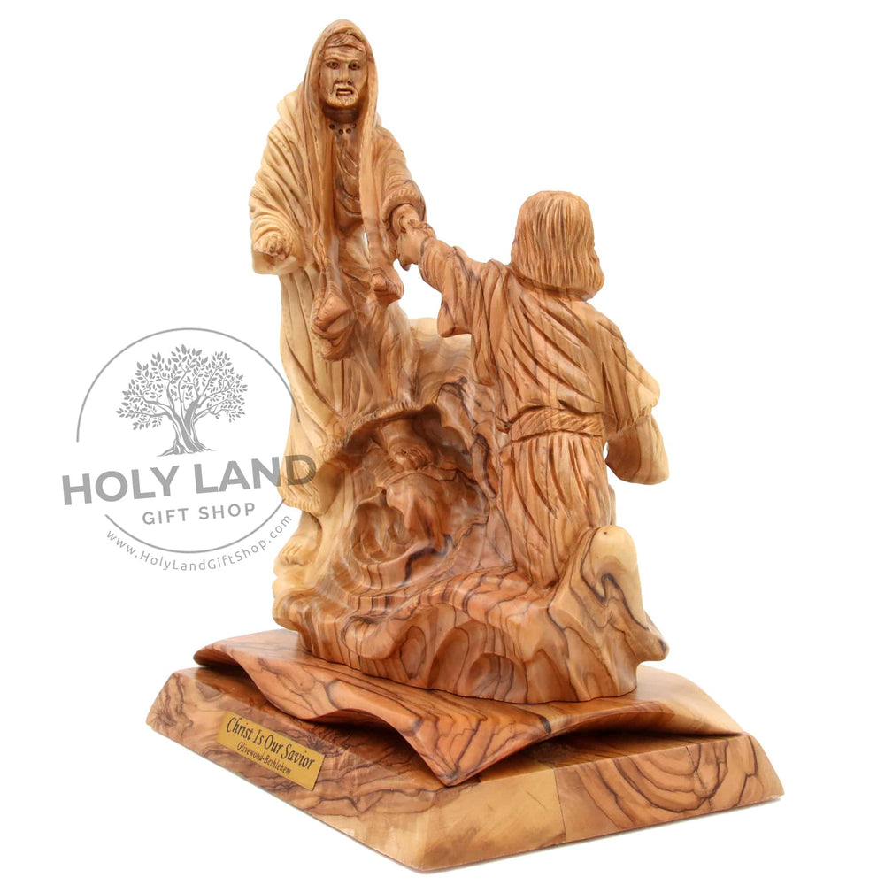 Christ is Our Savior Hand Carved Bethlehem Olive Wood Statue Front Side View