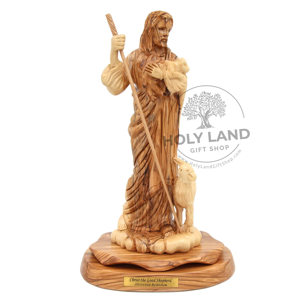 Christ the Good Shepherd Bethlehem Olive Wood Statue Front View