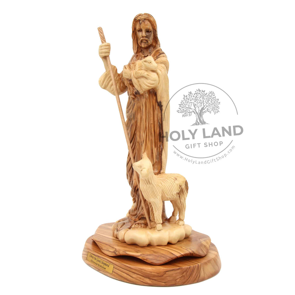 Christ the Good Shepherd Bethlehem Olive Wood Statue Side View