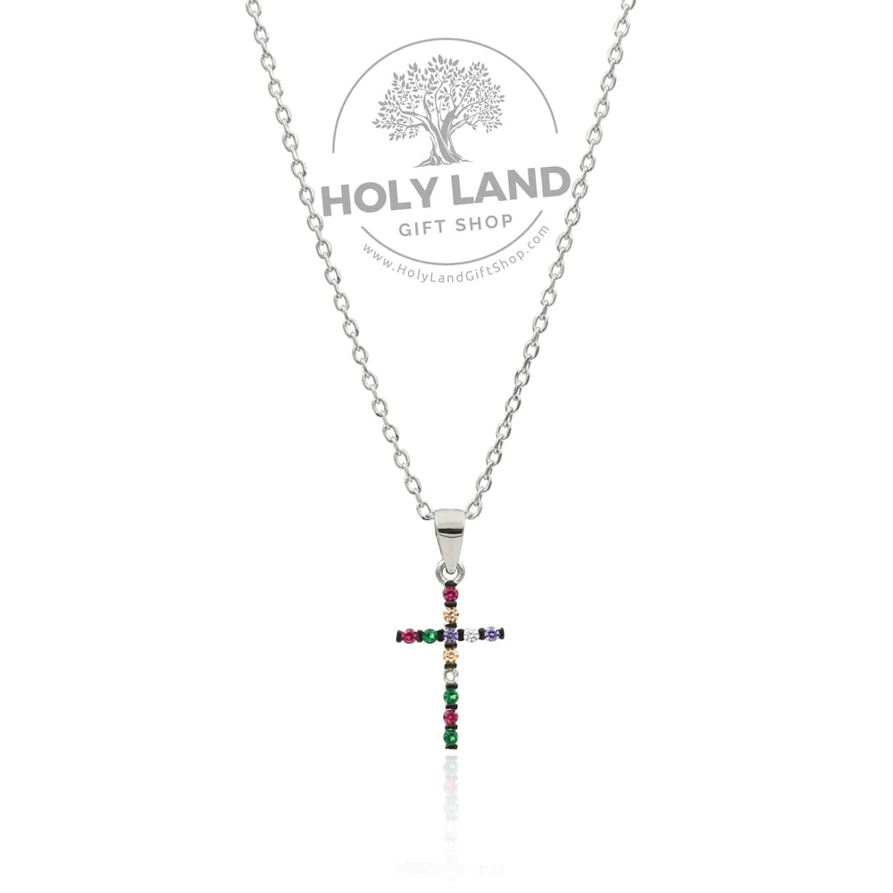 Colored Gemstone Cross Sterling Silver Necklace Holy Land