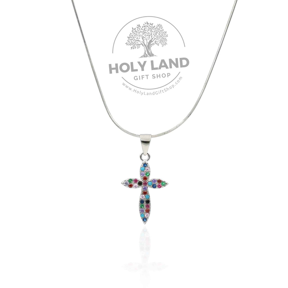 Holy Land Handmade Cross with Colored Gemstones and Sterling Silver