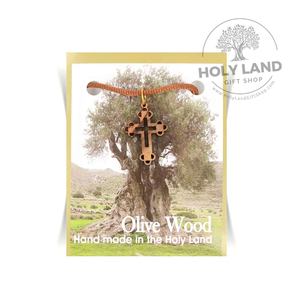 Double Holy Land Bethlehem Olive Wood Cross Pendant on Cord