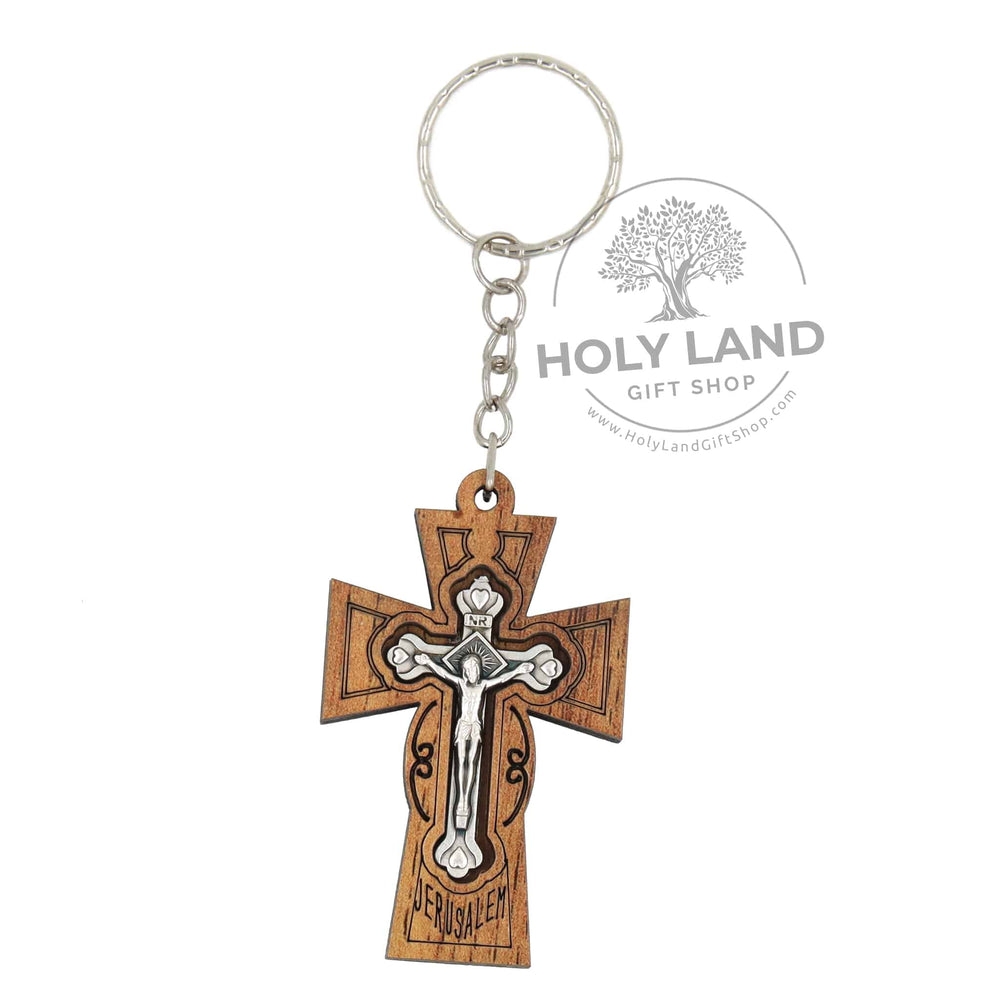 Holy Land Four Hearts Crucifix in Olive wood keychain