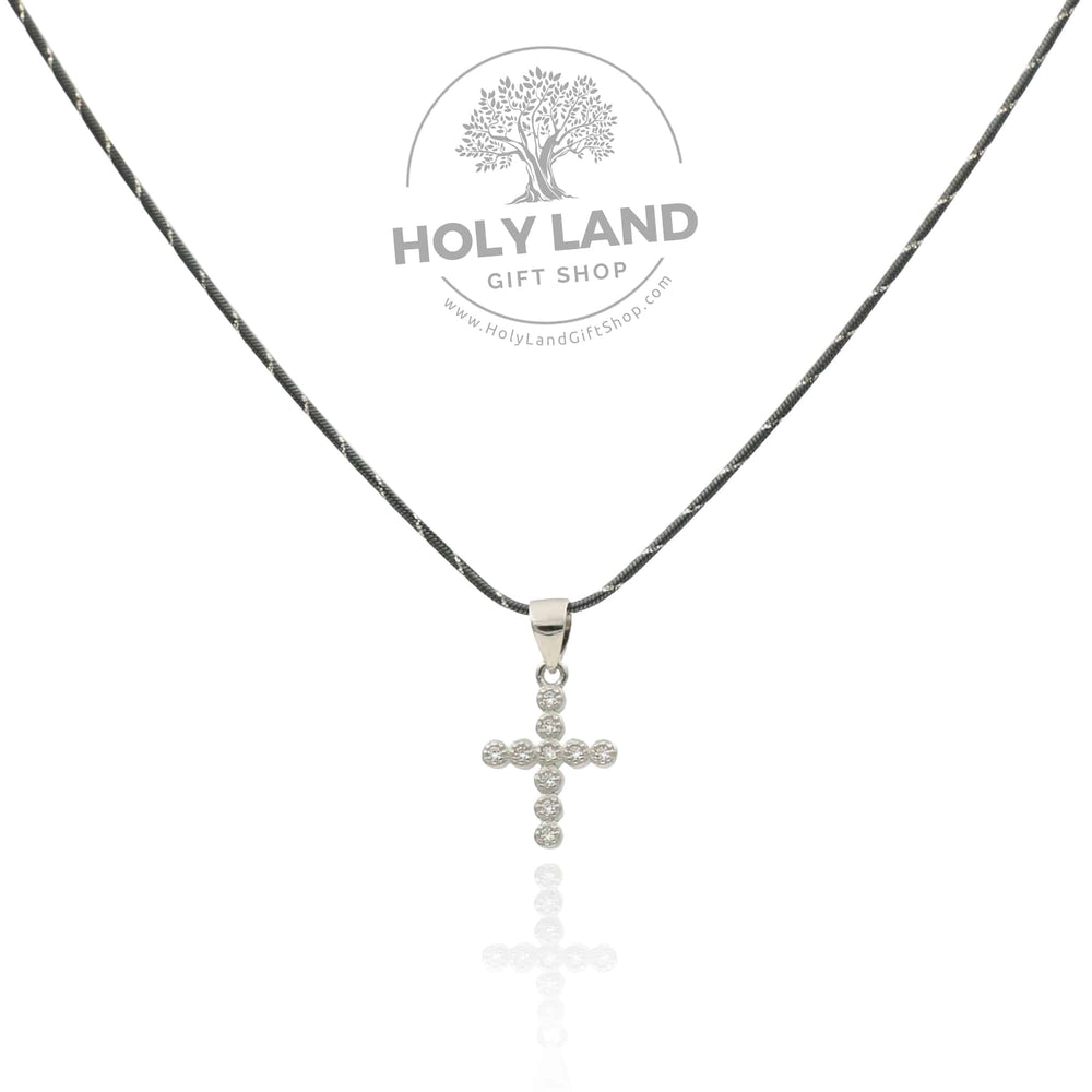 Gemstone Handmade Cross Necklace with Black Snake Chain from the Holy Land