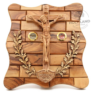 
                  
                    Load image into Gallery viewer, Holy Land Jerusalem Hand Carved Crucifix Plaque in Olive Wood Front View
                  
                