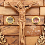 Holy Land Jerusalem Hand Carved Crucifix Plaque in Olive Wood Close Up View