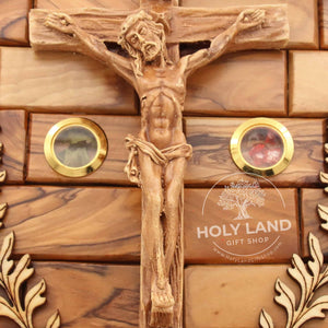
                  
                    Load image into Gallery viewer, Holy Land Jerusalem Hand Carved Crucifix Plaque in Olive Wood Close Up View
                  
                