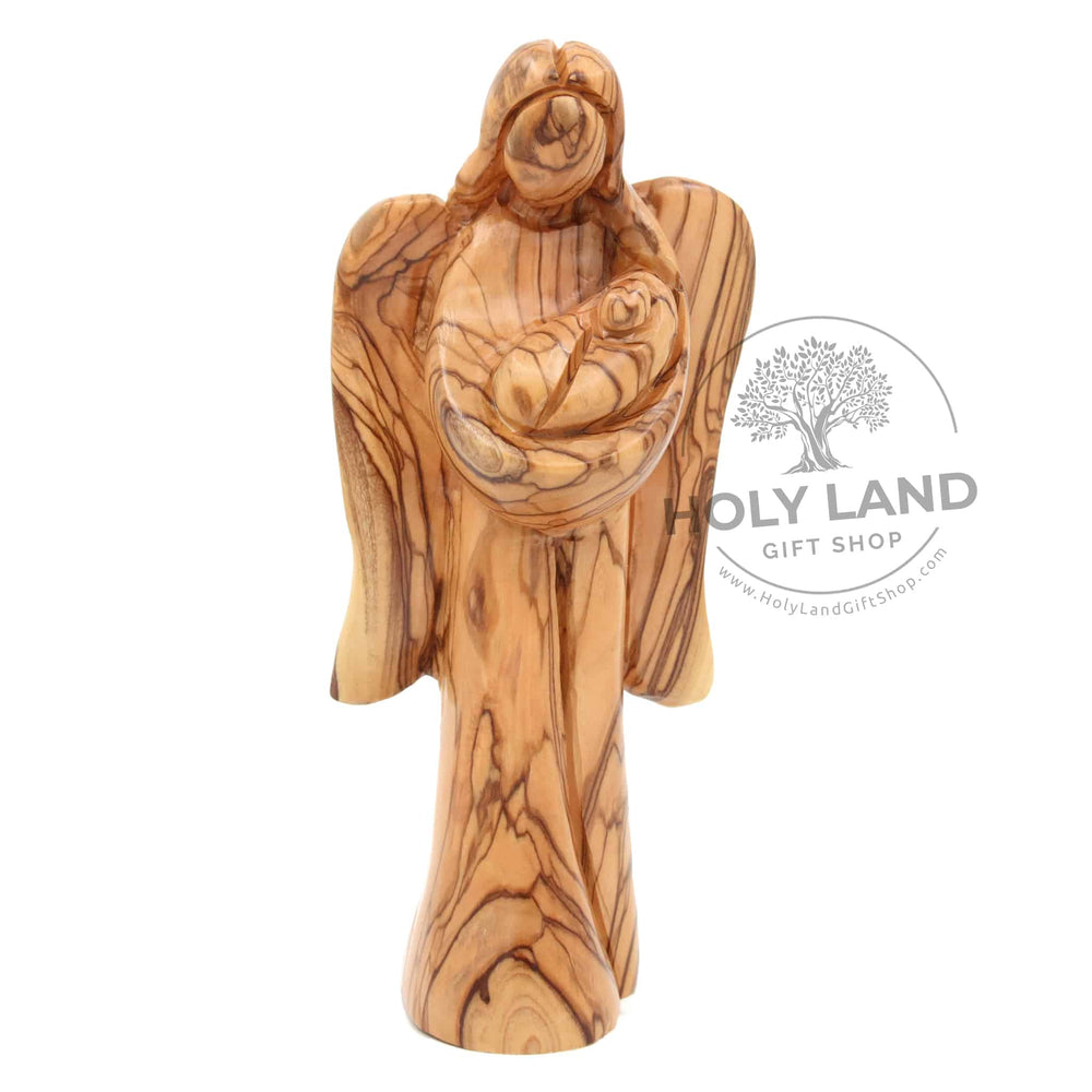 Hand Carved Bethlehem Olive Wood Statuesque Angel Holding Baby Front View