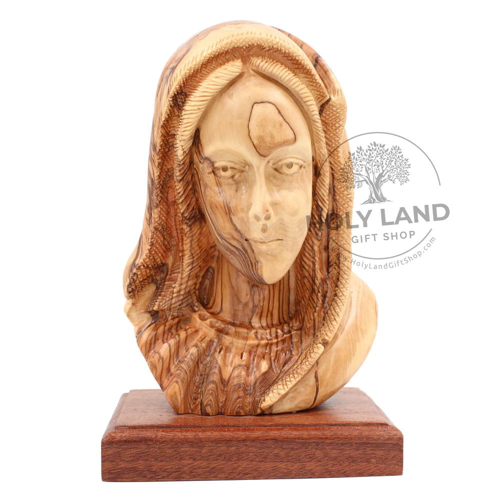Hand-Carved Bethlehem Olive Wood of Virgin Mary Head from the Holy Land Front View