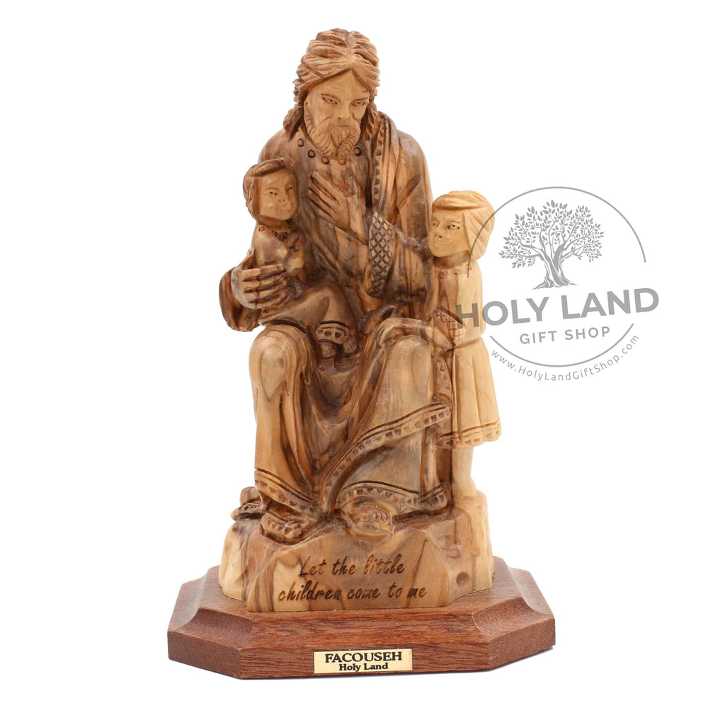 
                  
                    Load image into Gallery viewer, Hand Carved Bethlehem Olive Wooden Statue of Jesus with Children from the Holy Land Front View
                  
                
