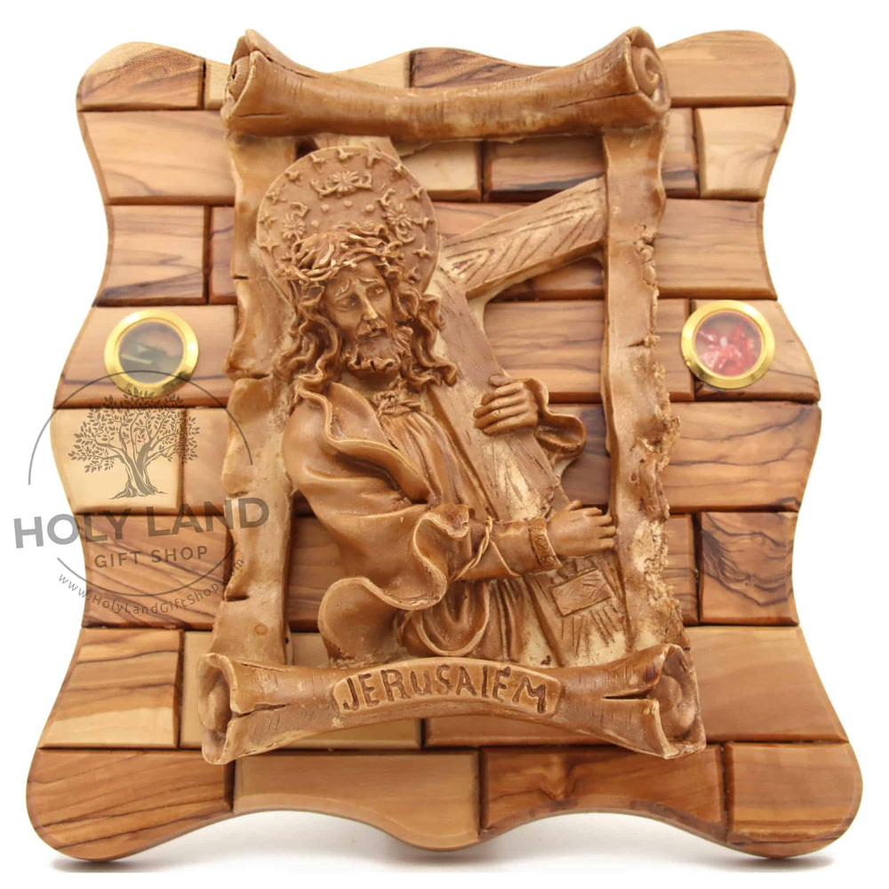Handmade Jerusalem Olive Wood Plaque of Jesus Carrying the Cross Front View