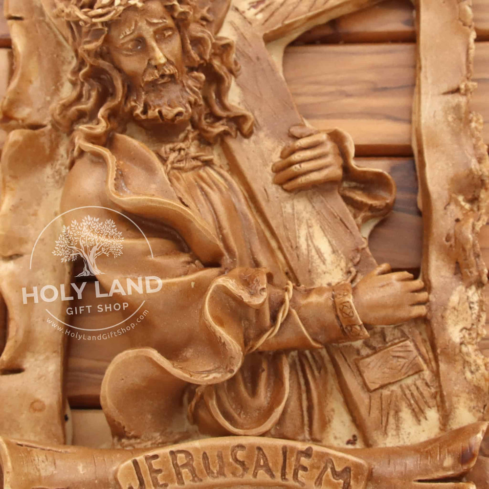 
                  
                    Load image into Gallery viewer, Handmade Jerusalem Olive Wood Plaque of Jesus Carrying the Cross Close Up View
                  
                