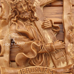 
                  
                    Load image into Gallery viewer, Handmade Jerusalem Olive Wood Plaque of Jesus Carrying the Cross Close Up View
                  
                
