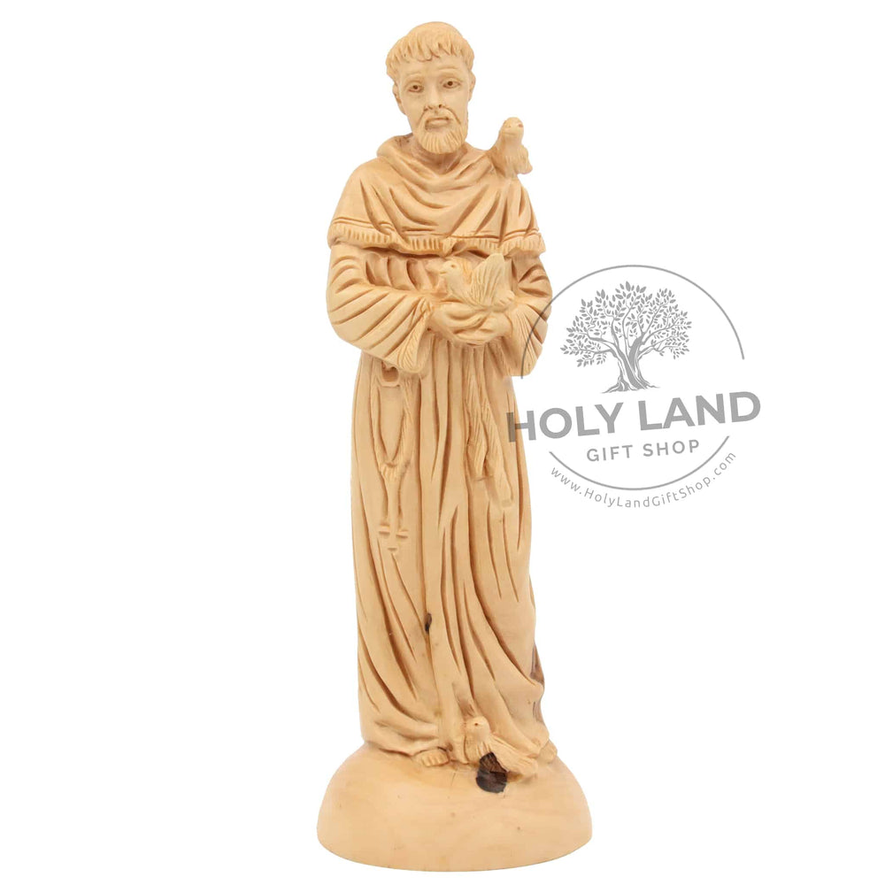 
                  
                    Load image into Gallery viewer, Hand carved St. Francis Statue in Jerusalem Olive Wood Front View
                  
                