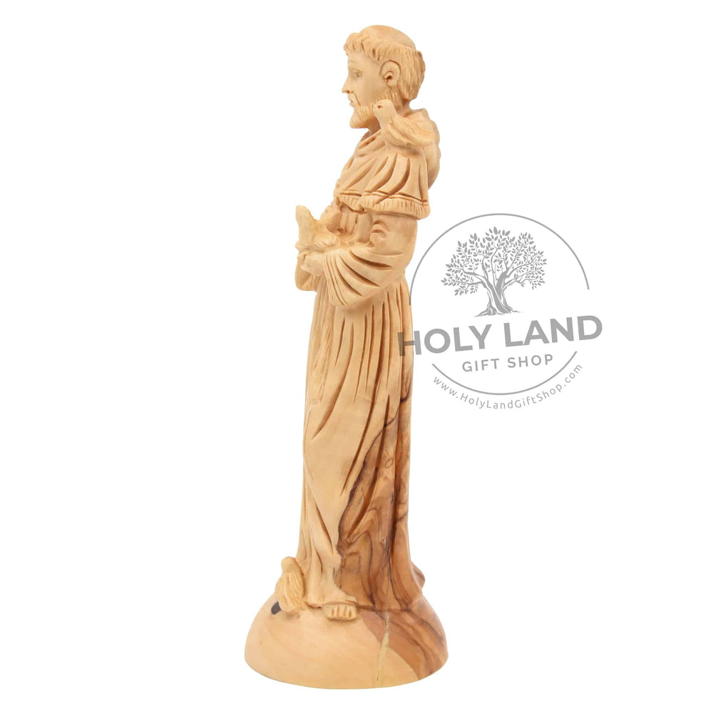 
                  
                    Load image into Gallery viewer, Hand carved St. Francis Statue in Jerusalem Olive Wood Side View
                  
                