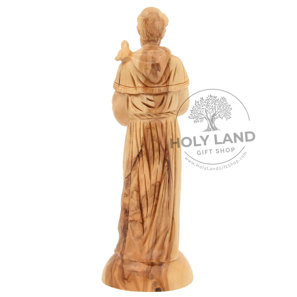 
                  
                    Load image into Gallery viewer, Hand carved St. Francis Statue in Jerusalem Olive Wood back View
                  
                