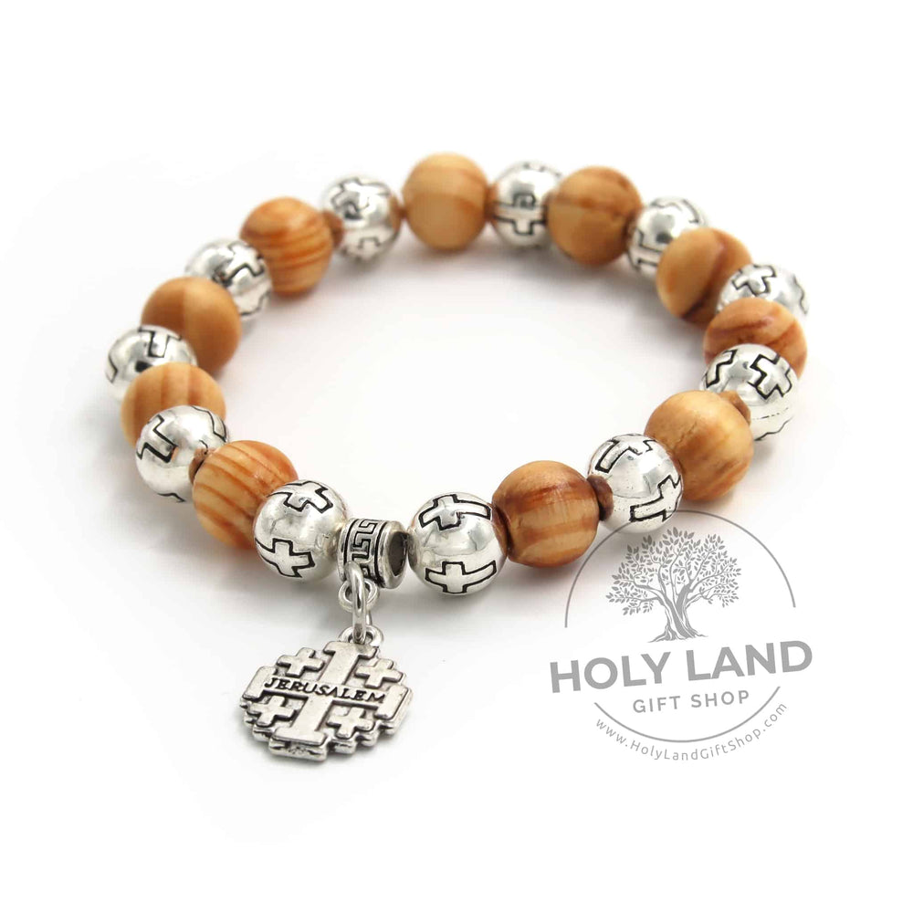 Handmade Olive Wood Jerusalem Rosary Bracelet Holy Land Front View