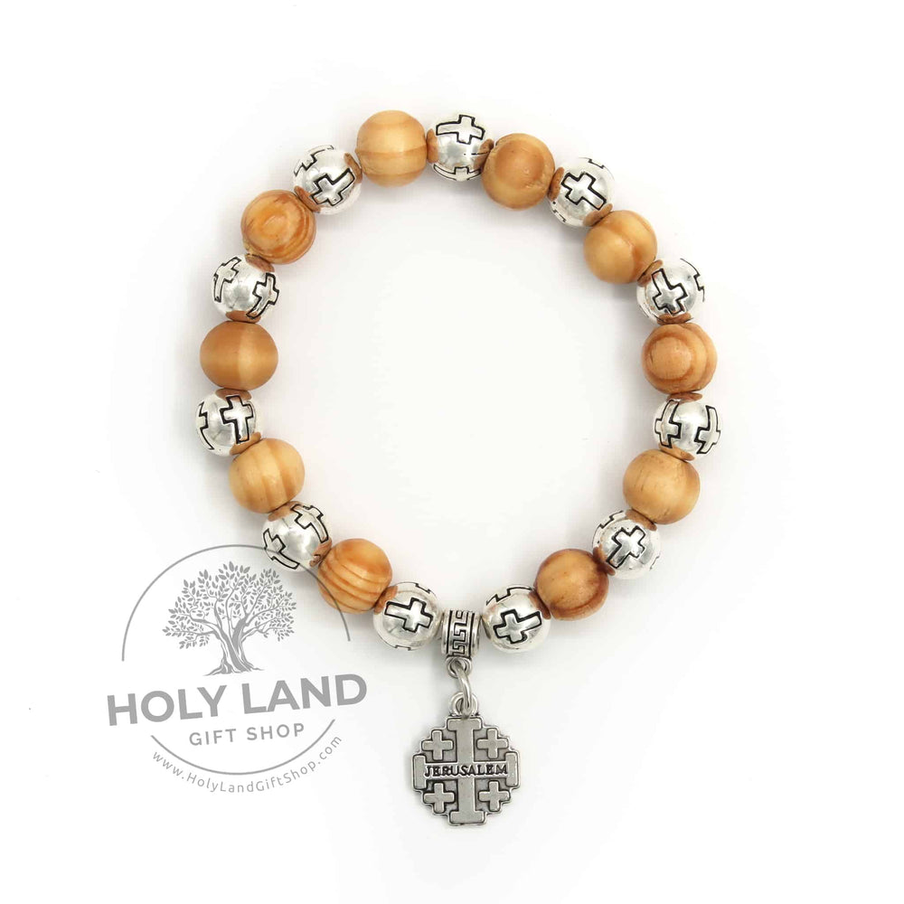 
                  
                    Load image into Gallery viewer, Handmade Olive Wood Jerusalem Rosary Bracelet Holy Land Top View
                  
                
