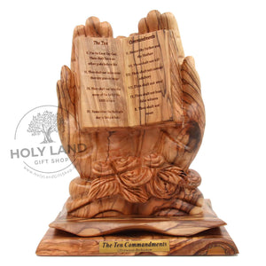 
                  
                    Load image into Gallery viewer, Hands Holding the Ten Commandments in Carved Bethlehem Olive Wood Front View
                  
                